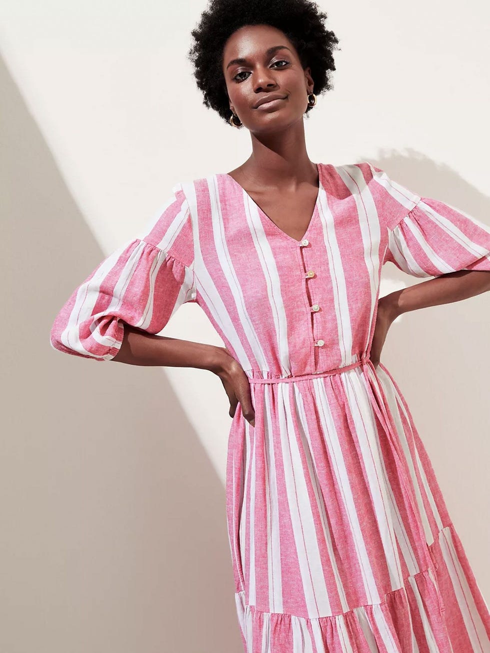 Linen Blend Striped V-Neck Midi Tiered Dress