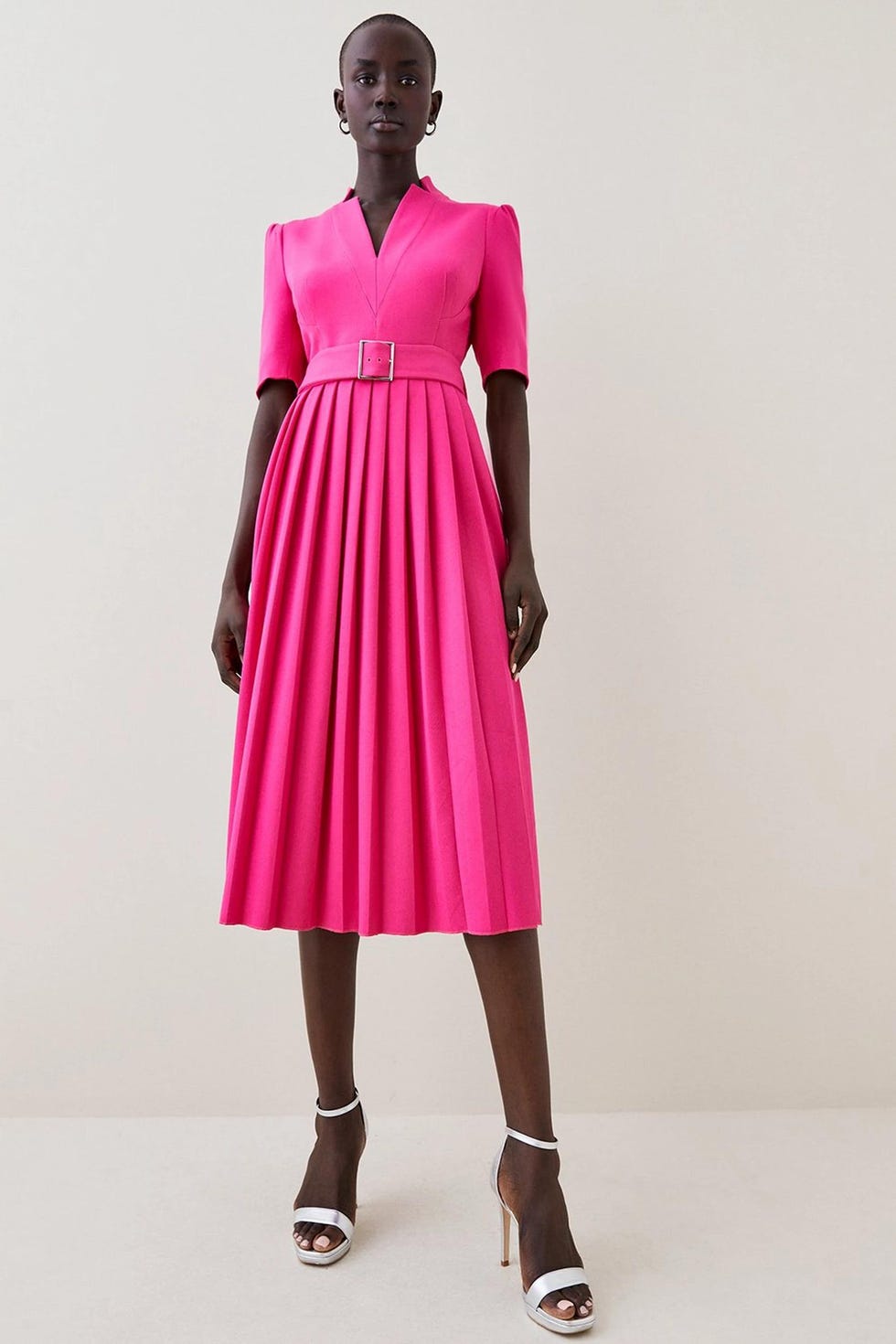 Structured Crepe Forever Pleat Belted Midi Dress