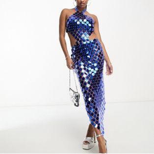 Petite sequin disc chainmail maxi dress with open back