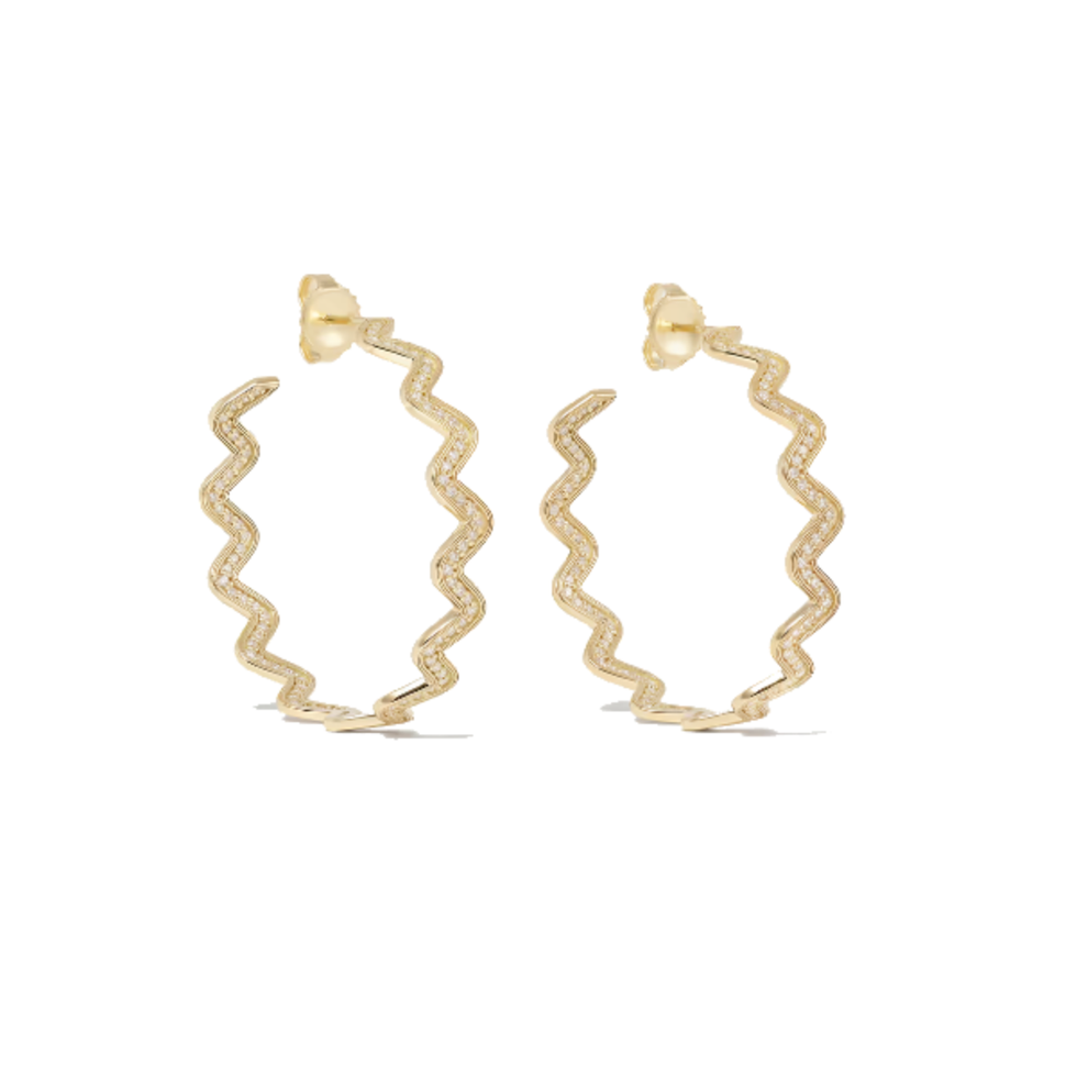 Large Wavy 14-Karat Gold Diamond Hoop Earrings