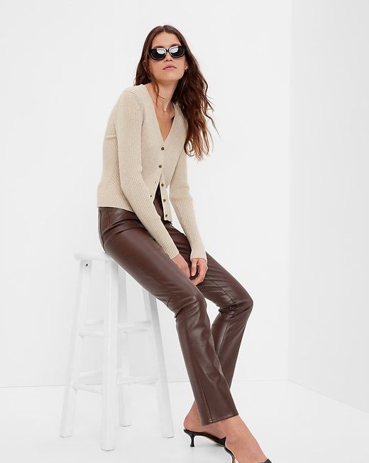 Zara Womens Faux Leather Pant Side Zip Ankle Slit High Rise Brown
