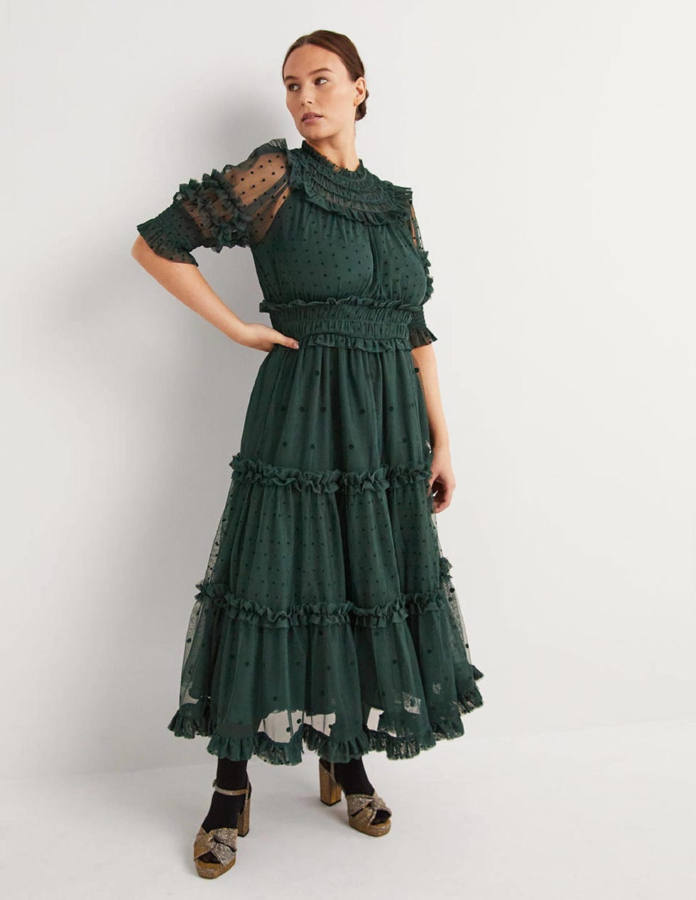 Green Polka Dot Tulle Midi Dress - Onyx Green