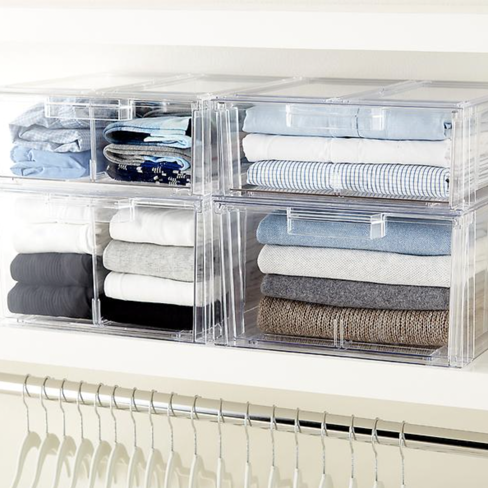 mDesign Plastic Stacking Closet Storage Organizer Bin with Drawer, 2 Pack, Clear | Mathis Home