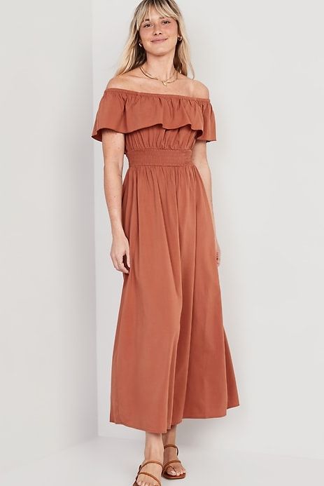 Waist-Defined Ruffled Off-The-Shoulder Smocked Maxi Dress