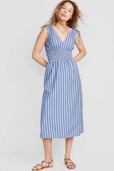 Sleeveless Striped Tie-Shoulder Smocked Maxi Dress