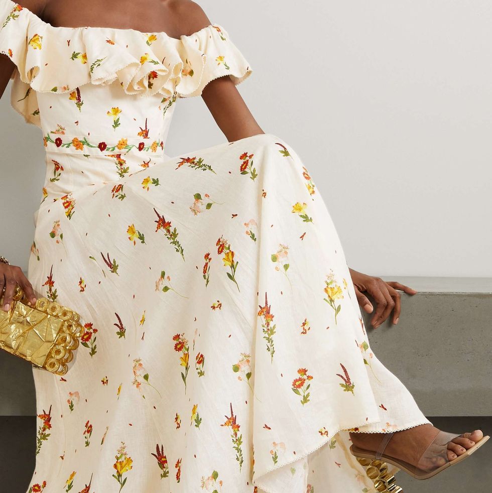 Oro Clementina Off-the-Shoulder Embroidered Floral-Print Linen Maxi Dress