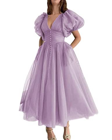 Puffy Sleeve Tulle Lilac A-Line Dress