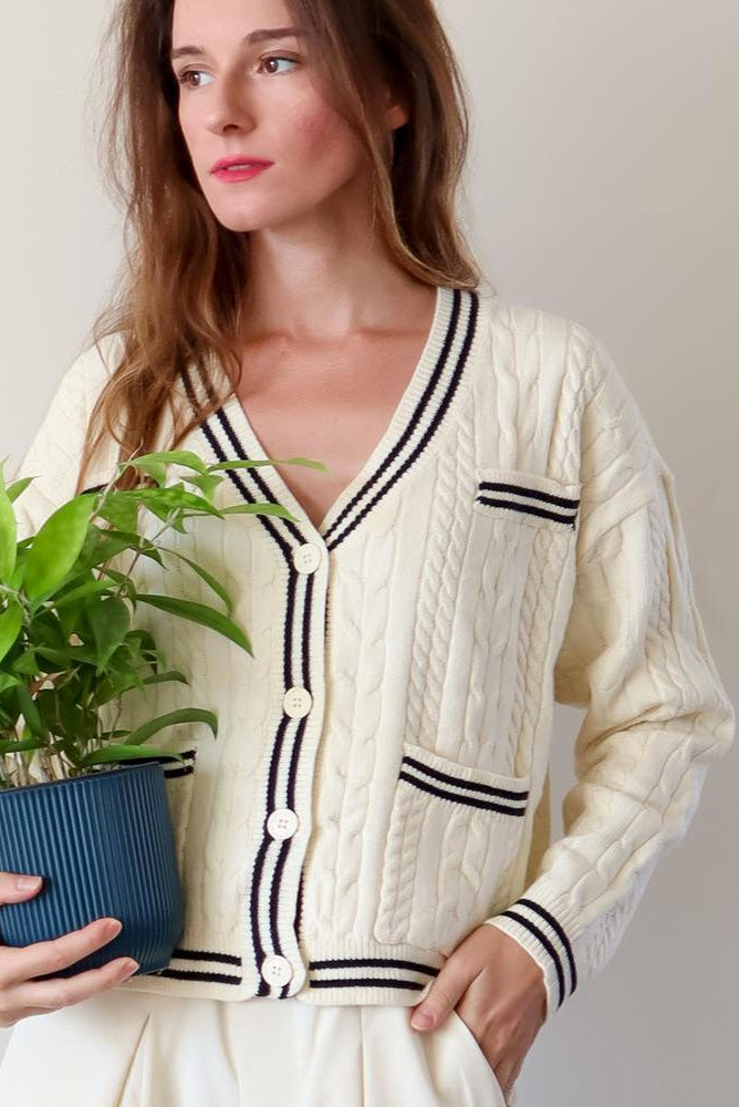 Cable-Knit Contrast-Trim Cardigan Cable-Knit Contrast-Trim Cardigan