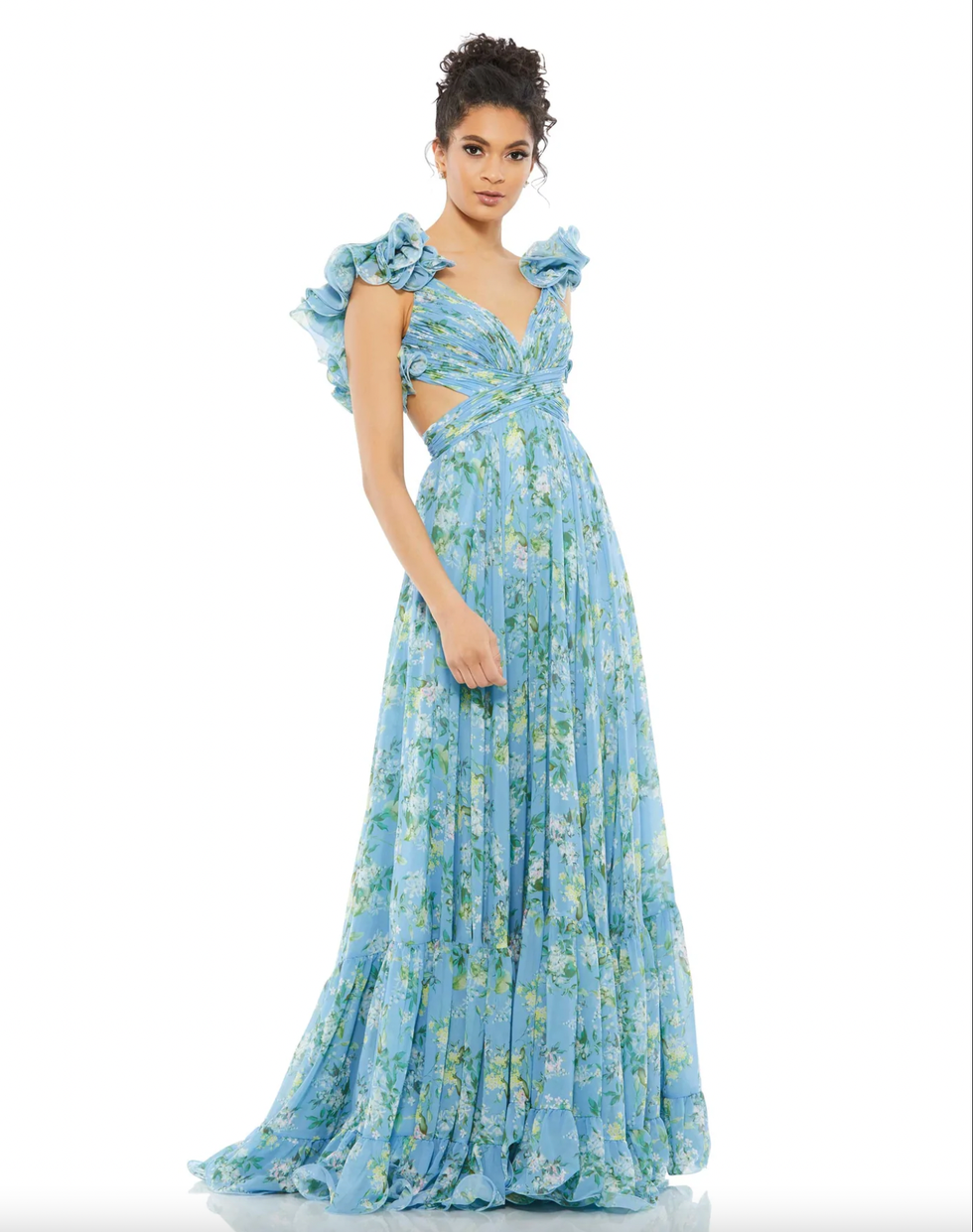 Ruffle Tiered Floral Cut-Out Chiffon Gown