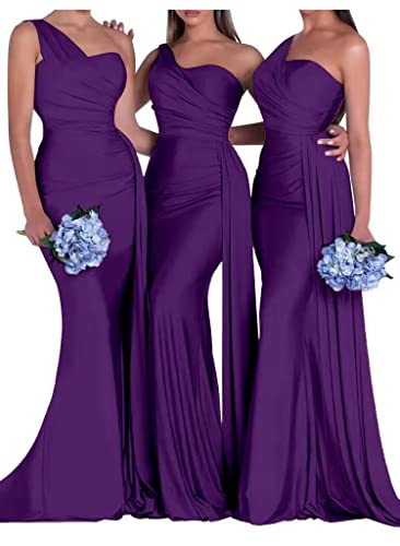 Toryemy Purple Long for Women Satin One Shoulder Bridesmaid Dresses 