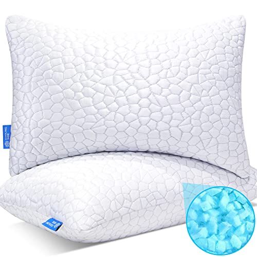 Cooling Bed Pillows for Sleeping 2 Pack Shredded Memory Foam Adjustable  Cool BAMBOO Pillow for Side Back Stomach Sleepers -Luxury Gel Queen Size  Set