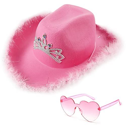 Pink Cowboy Hat with Heart Shaped Sunglasses 
