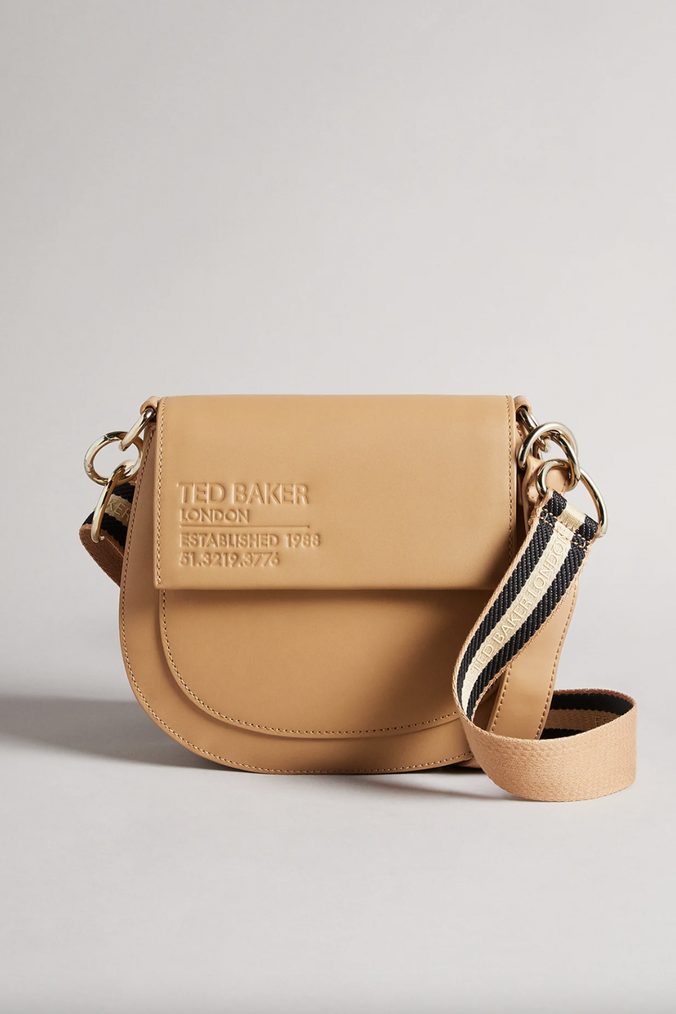 Ted Baker Tan Leather Crossbody Flap Gold Hardware Stitch detail Bag