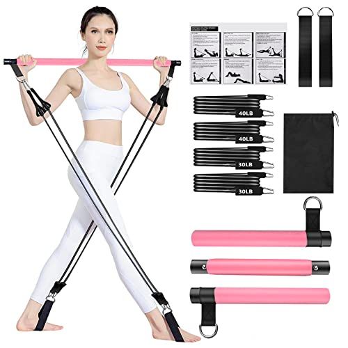 Pilates Bar Kit with Resistance Bands, 3-Section Portable Pilates Bar  Workout Equipment for Legs,Hip,Waist and Arm, Easy to Assembel Exercise  Fitness