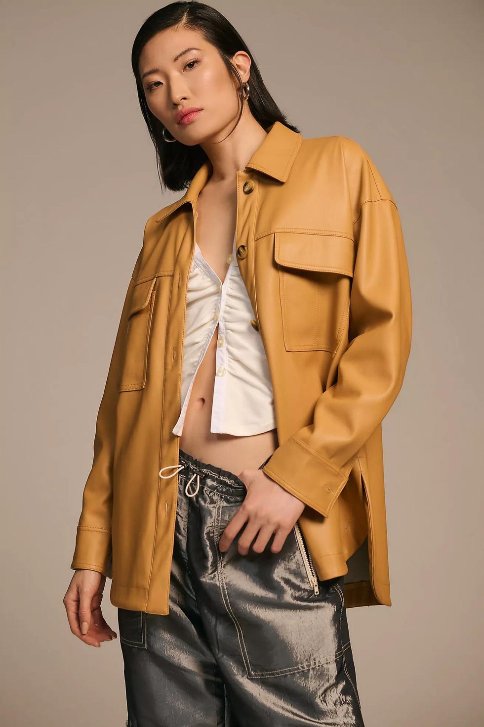 Maeve Faux Leather Shirt Jacket
