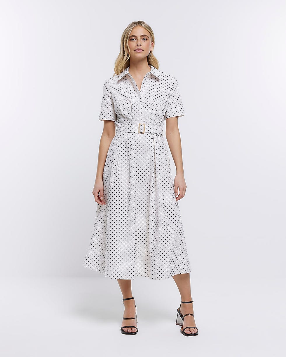White Spot Belted Midi Shirt Dress