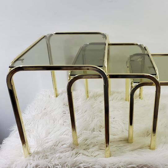 Brass Plated and Smoked Glass Nesting Tables