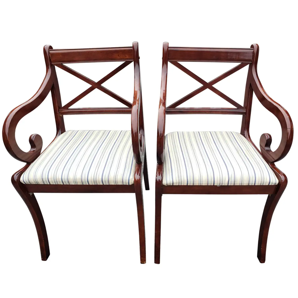 Vintage Regency Mahogany Upholstered Arm Chairs