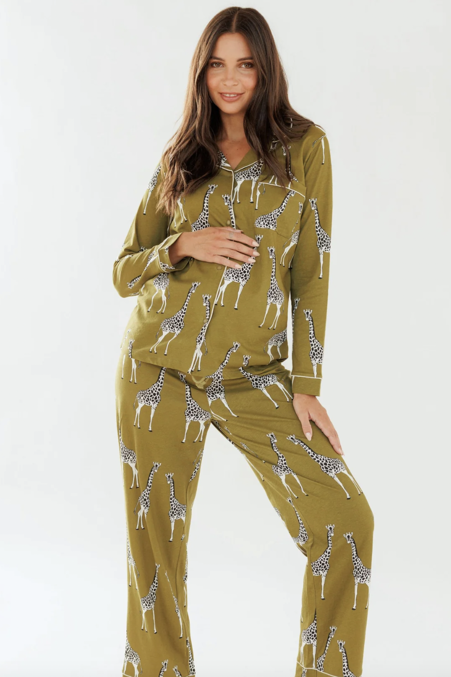Maternity Organic Cotton Khaki Giraffe Print