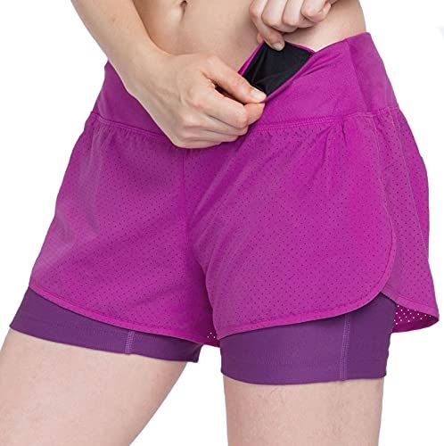 VUTRU Sports Shorts Women 2 in 1 Running Shorts High Waist Fitness Shorts with Back Zipper Pocket Purple S