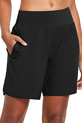 BALEAF Women's Running Shorts 2 in 1 High Waist Gym Shorts Quick Dry with Back Zipper Pockets for Yoga Workout Black L