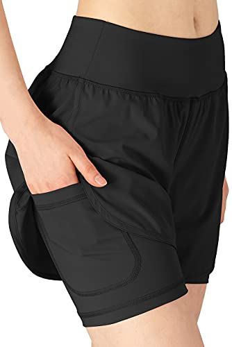 donhobo Womens Running Gym 2 in 1 Sports Shorts with Pockets,Breathable Quick Dry Fitness Shorts for Workout Training Yoga Jogging Pilates Black M