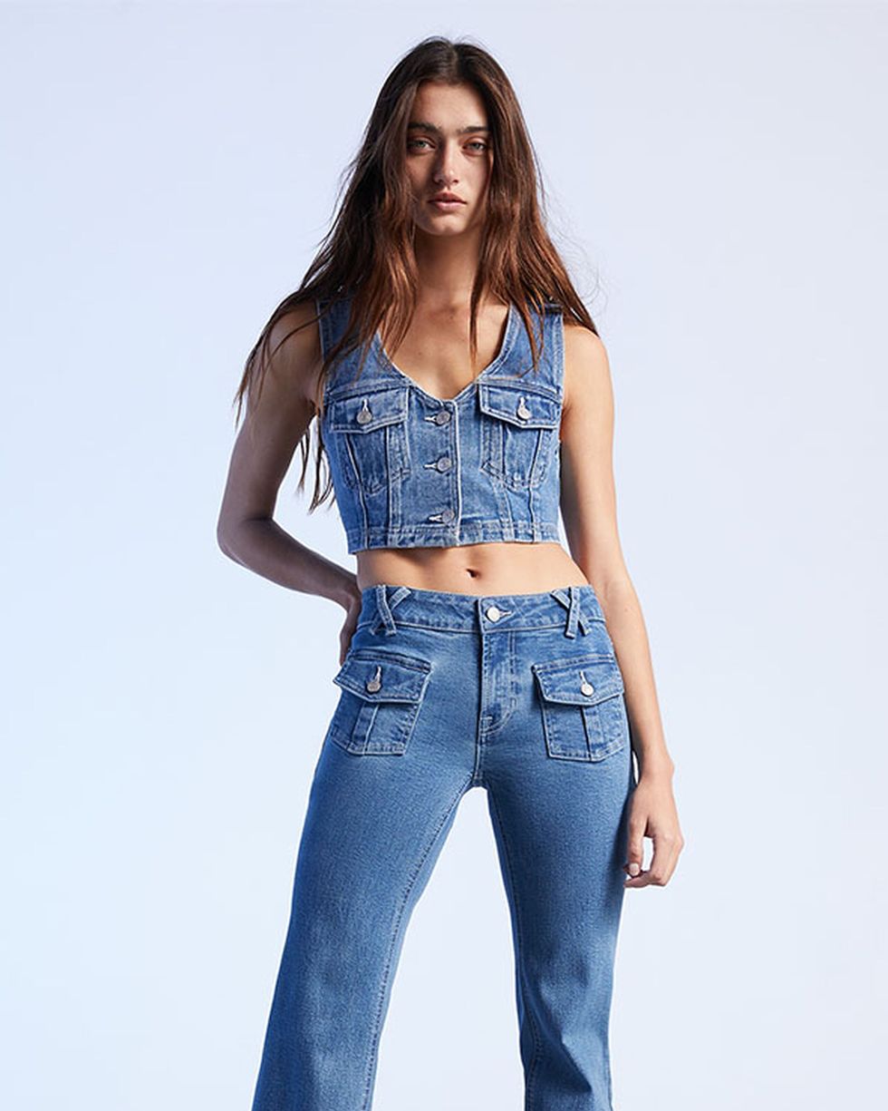 Dark Blue Low Rise Cargo Flare Jeans