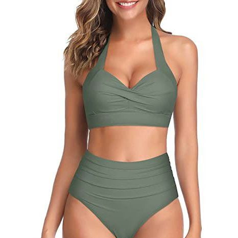 Green Bandeau Top and Ruched Bikini Bottom With Thick Straps, Sexy