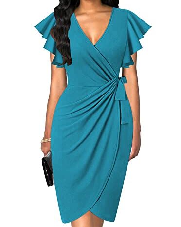 Wrap V-Neck Ruffle Sleeve Ruched Bodycon Dress
