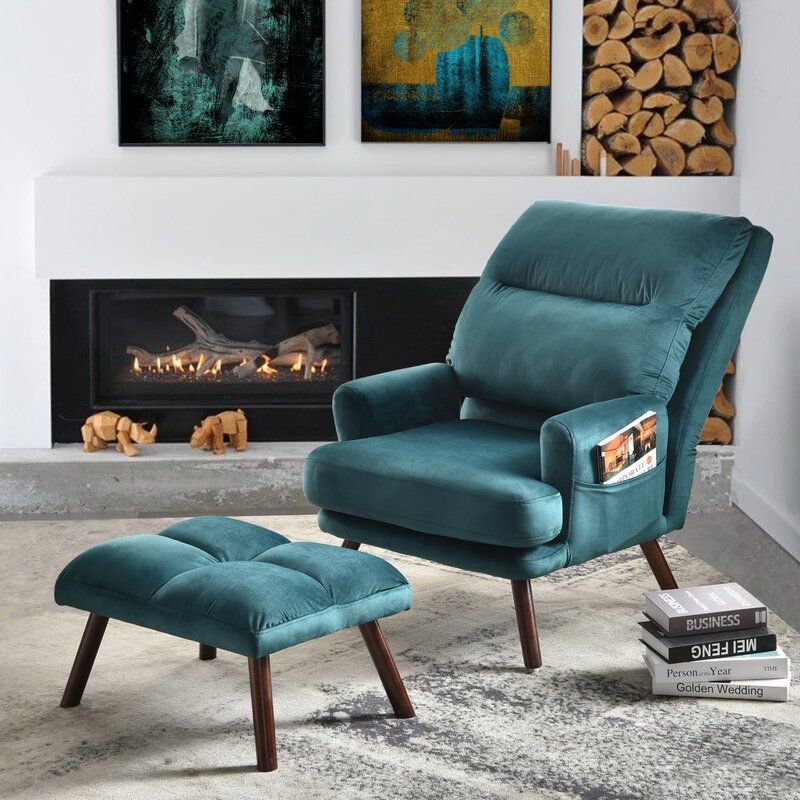 Wide Tufted Velvet Lounge Chair and Ottoman
