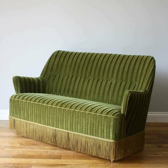 Vintage 1950s Danish Striped Green Velvet Sofa 