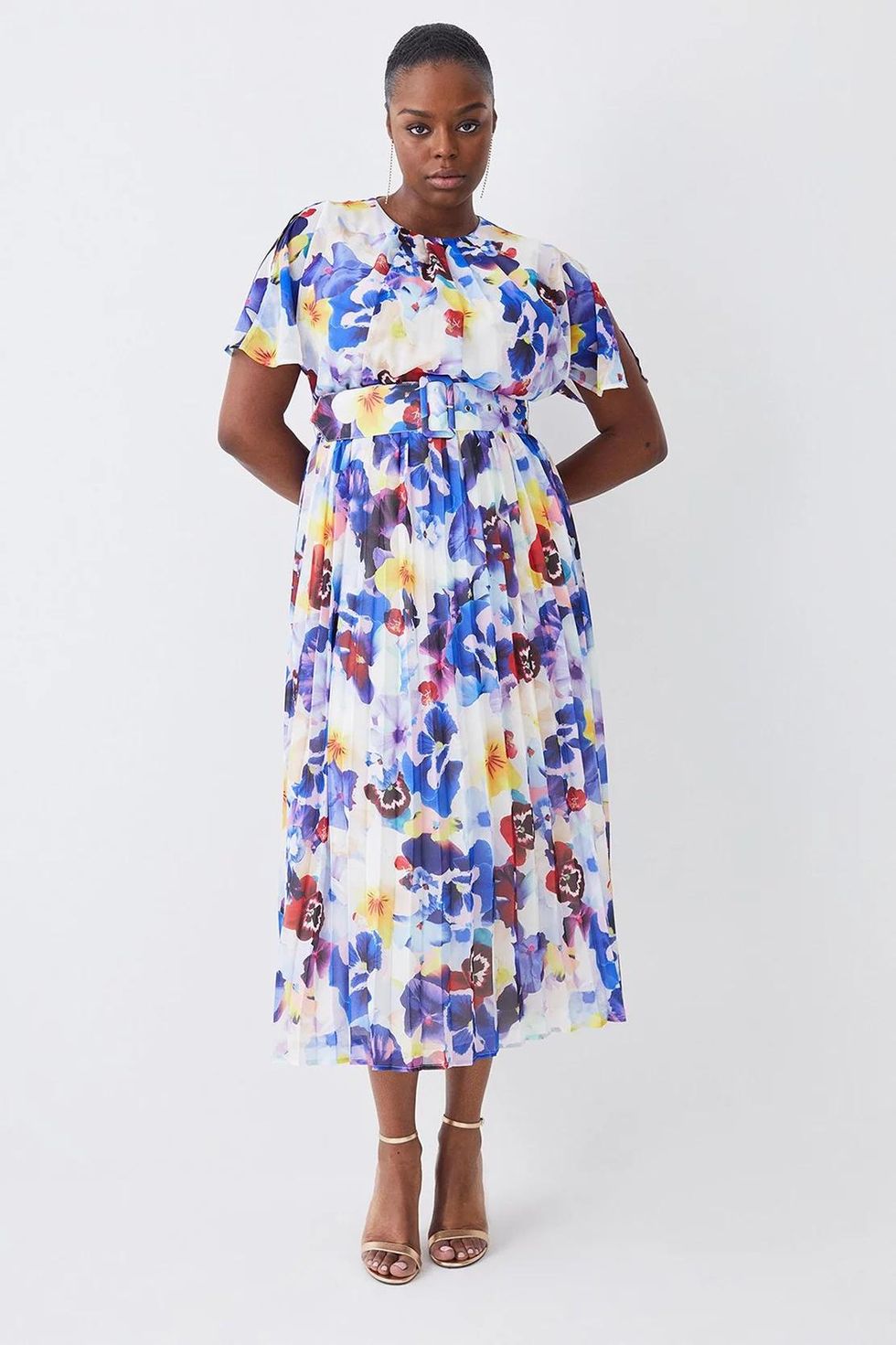Floral Georgette Pleated Belted Woven Midi Dress