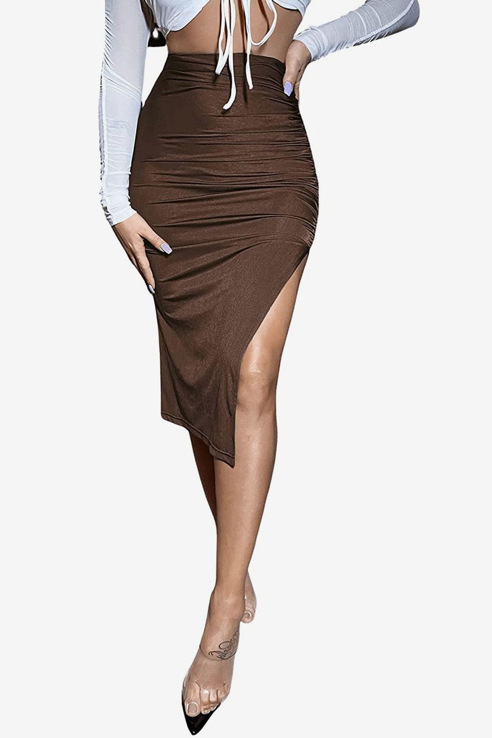 High Waisted Ruched Split Thigh Bodycon Midi Skirt 