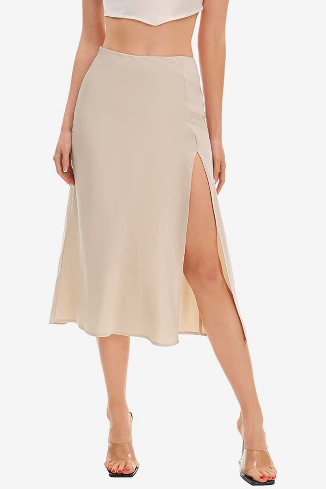 High Waist Satin A Line Flared Midi Skirt 