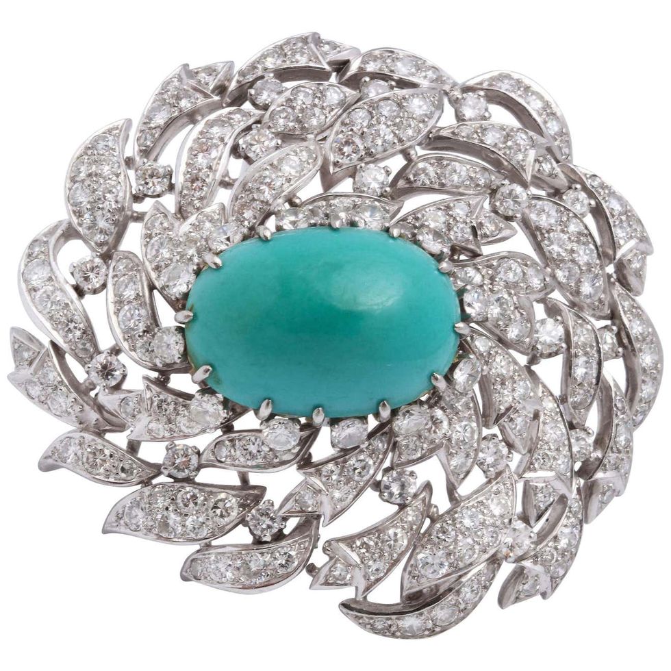 Platinum Diamond and Persian Turquoise Brooch
