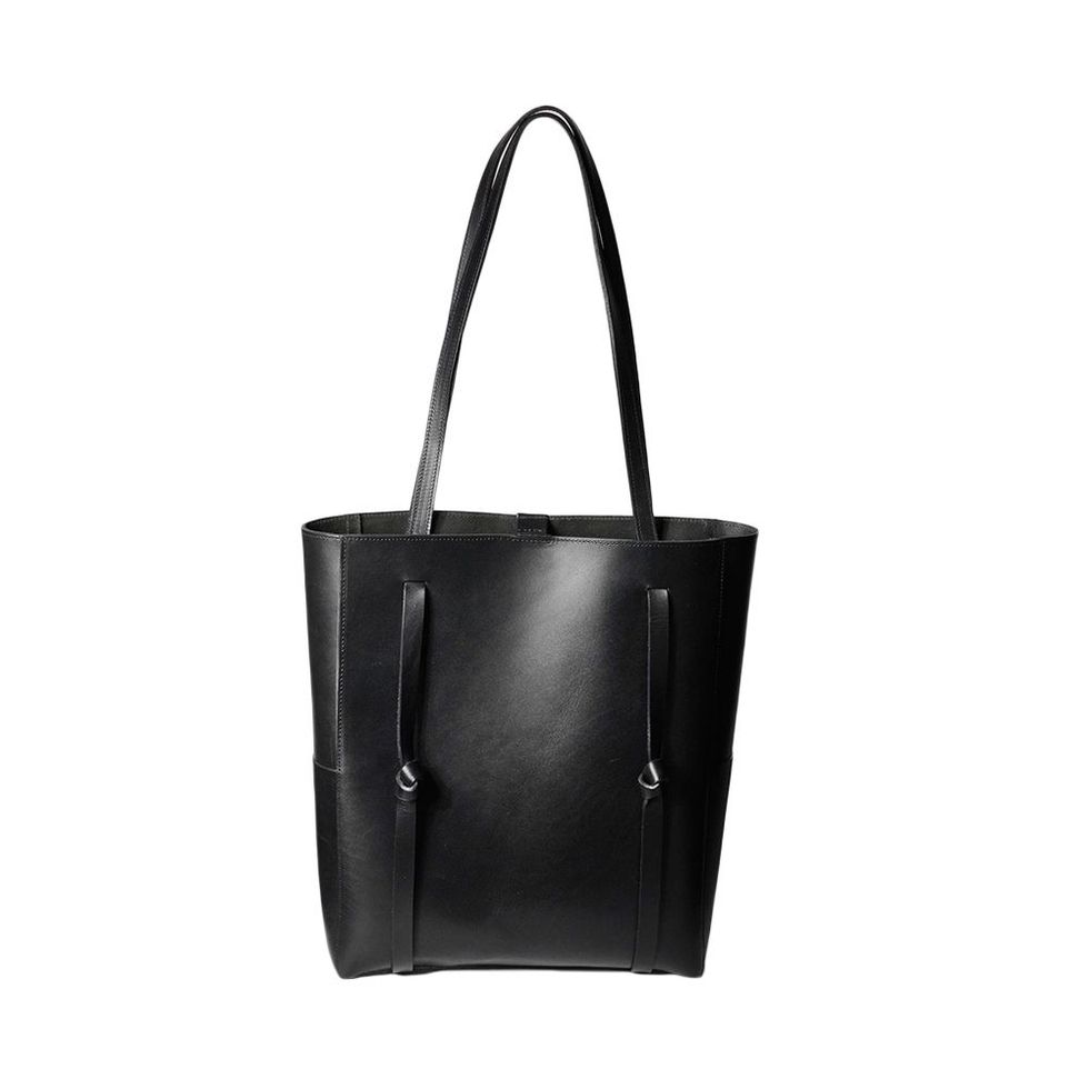 Neiman Marcus Black Faux Leather Open Top Tote Bag with Side Zippers
