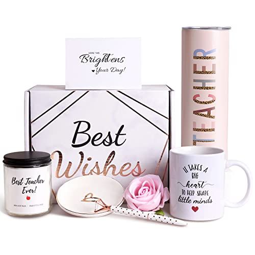 Teacher Appreciation Gift Box Christmas Gift Set for Women Master Tutor  with Key Chain Mug Greeting Card Apple Candle Funny Socks Thanksgiving  Present Baskets Idea from Student to Teacher Set of 5 :