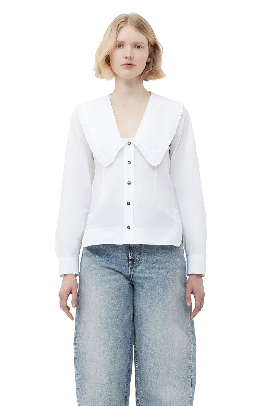 Cotton Poplin V-neck Frill Collar Shirt