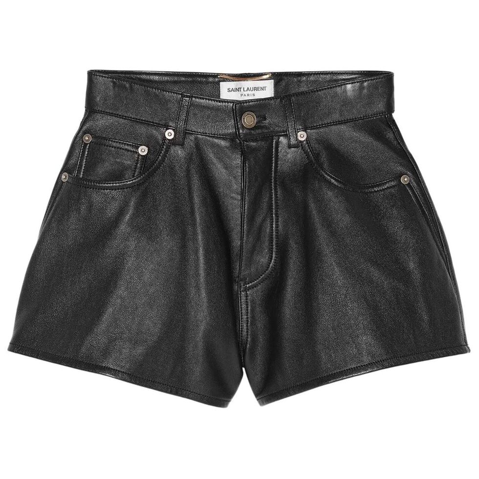 Hailey Bieber wears micro leather shorts by Saint Laurent