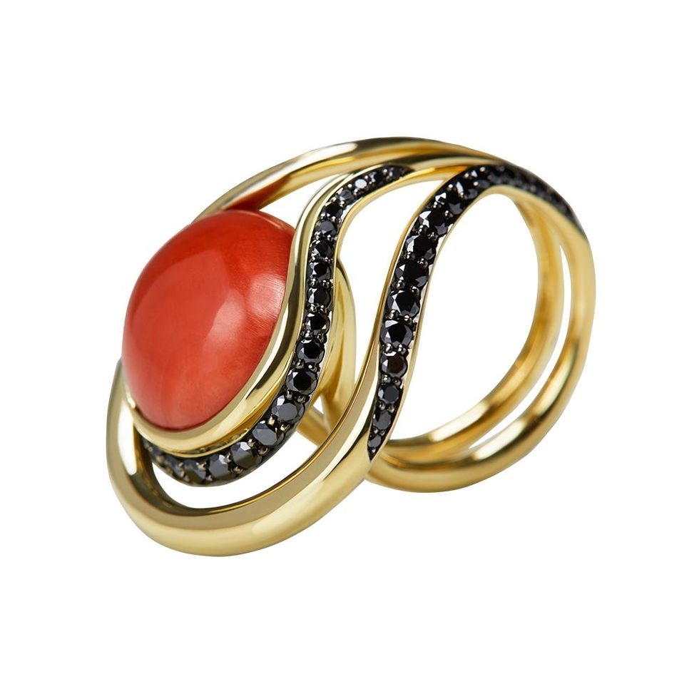 Coral, Black Diamond, and Gold Ring