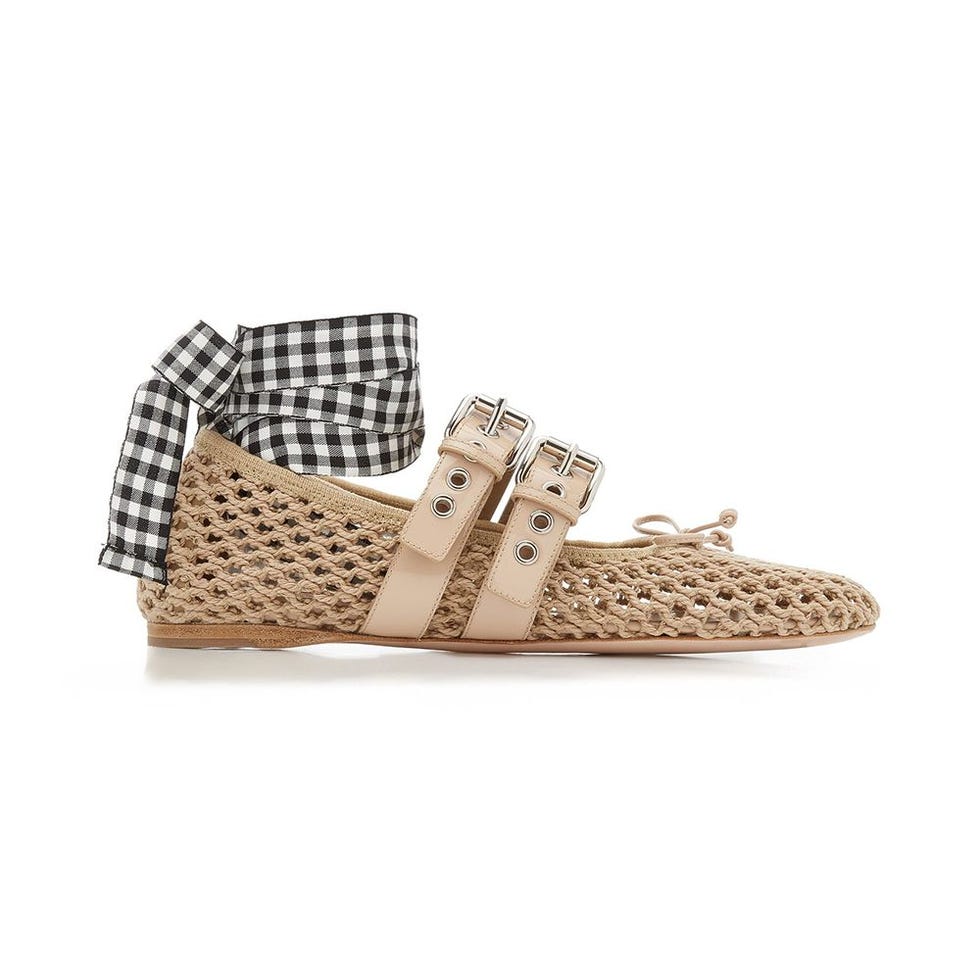 Ribbon-Detailed Buckled Macrame Ballet Flats