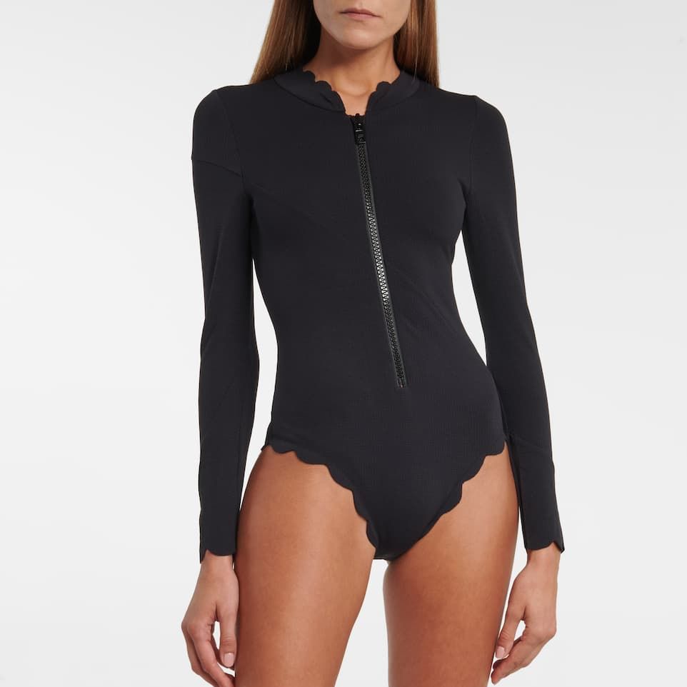 Black Ribbed Surf Suit Zip Front Surf Wear Full Coverage Swimwear Active  Swim 