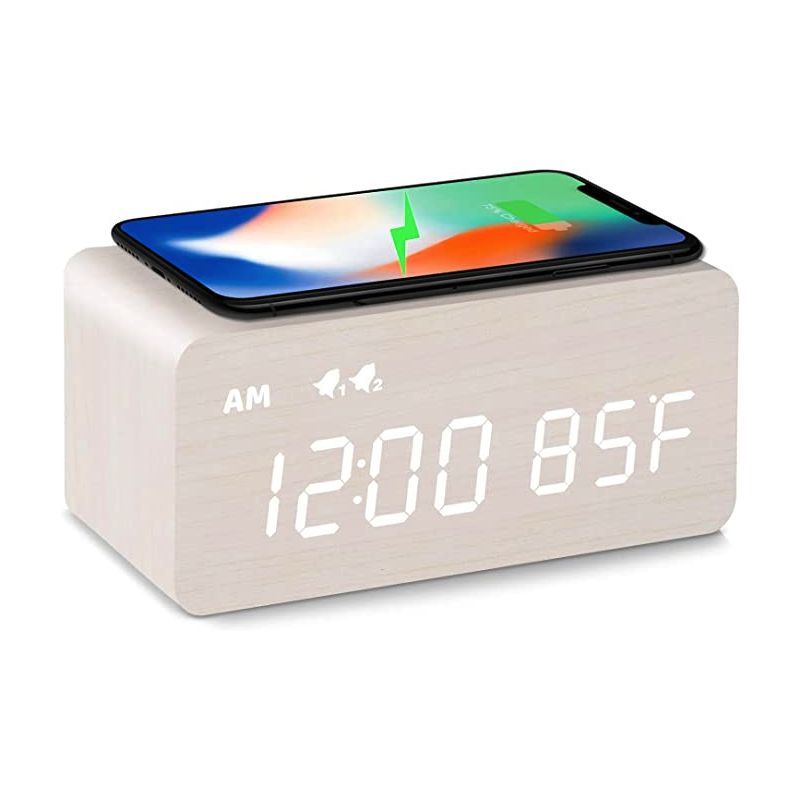 Digital Wooden Alarm Clock with Wireless Charging