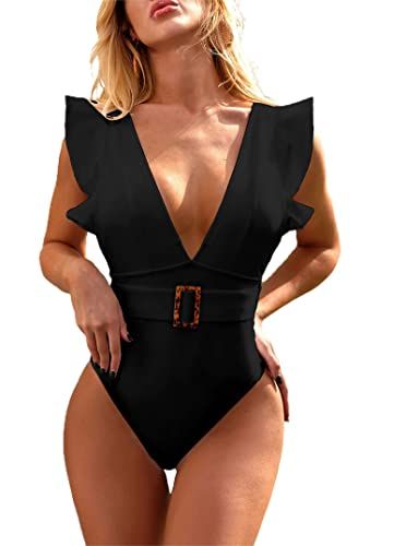 Belted Deep-V Ruffle One-Piece Swimsuit