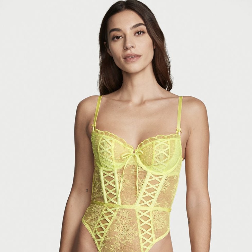Victoria's Secret Unlined Floral Embroidery Corset Top, Hailey Bieber  Models a Sheer Lace Bodysuit on Instagram