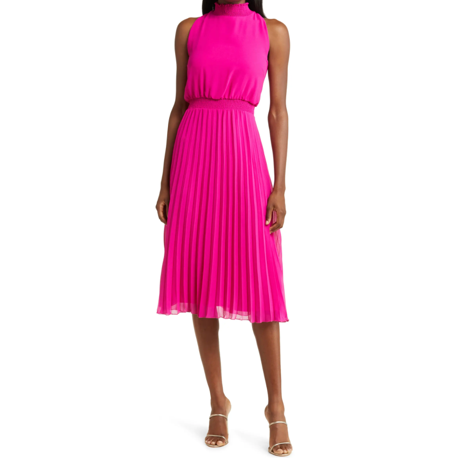 Smocked Pleat Sleeveless Midi Dress