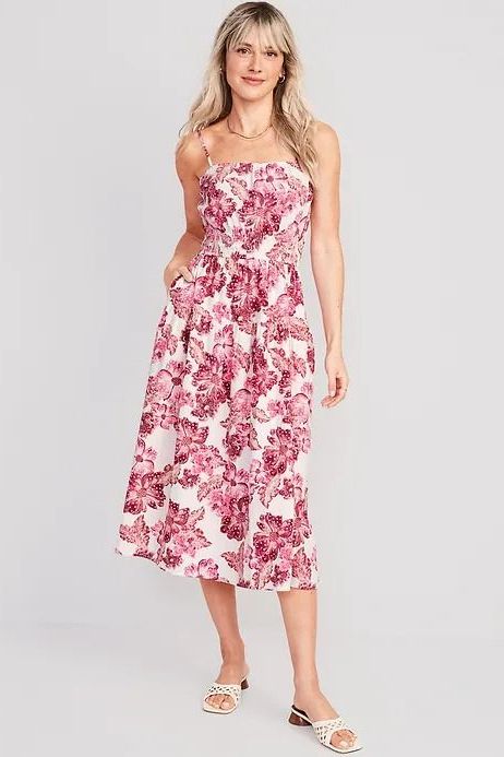 Waist-Defined Floral Linen-Blend Smocked Midi Cami Dress