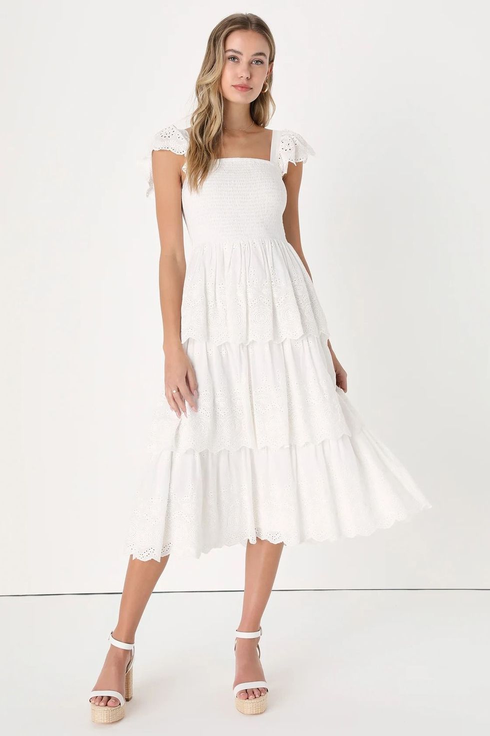 Blissful Elegance White Smocked Tiered Midi Dress