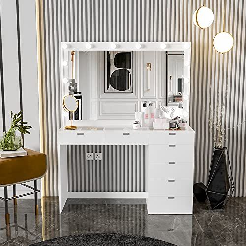 Buy Tribesigns Vanity Set with Lighted Mirror & Stool, Elegant Makeup Table  Vanity Dresser with 9 LED Light, Drawer, Storage Shelves and Cabinet for  Women Girls, Dressing Table for Bedroom, White and