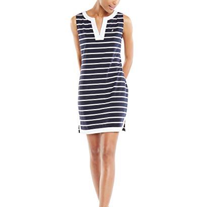 Women's Breton Stripes Sleeveless V-Neck Stretch Cotton Polo Dress